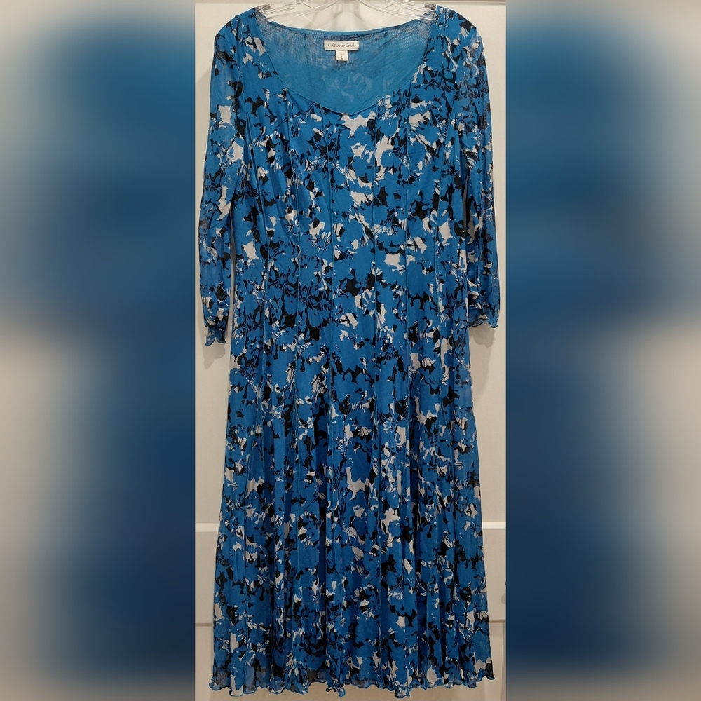 Coldwater Creek Sz XL(16) Shadow Print Mesh Dress Blue Black Gray 3/4 Sleeves